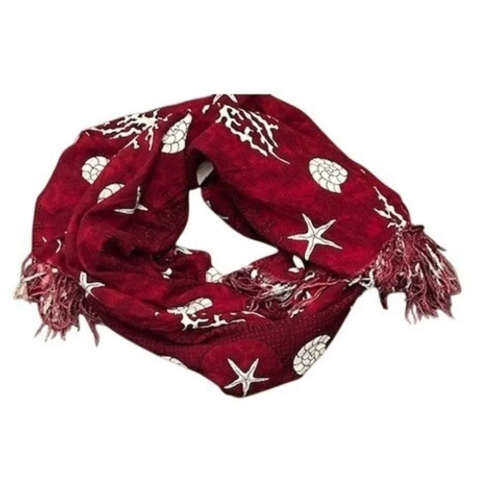 VTG Handmade Nautical Shell Starfish Dolphin Print Scarf Sarong Red Coastal Wrap